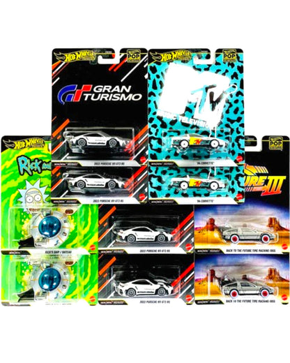 More Than Diecast Hot Wheels 2026 Pop Culture sealed case P with 10 die-cast cars including Gran Turismo and Back to the Future themes.