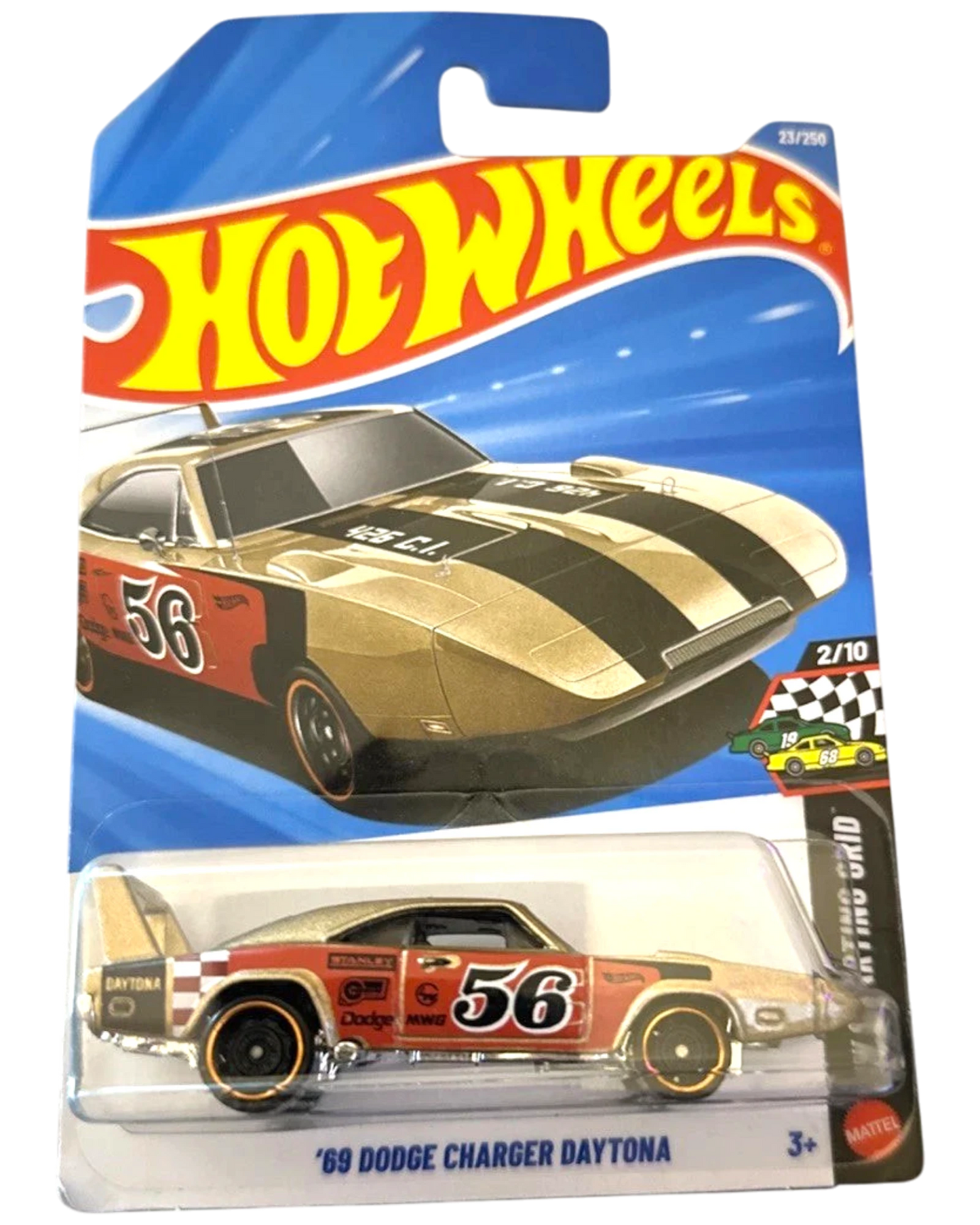 More Than Diecast 2026 Hot Wheels '69 Dodge Charger Daytona, limited edition gold with black racing stripes and red accents, 23/250 serial.