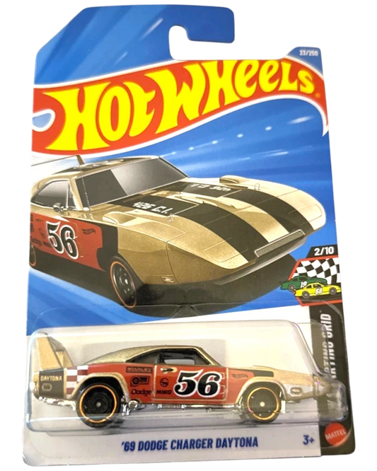More Than Diecast 2026 Hot Wheels '69 Dodge Charger Daytona, limited edition gold with black racing stripes and red accents, 23/250 serial.
