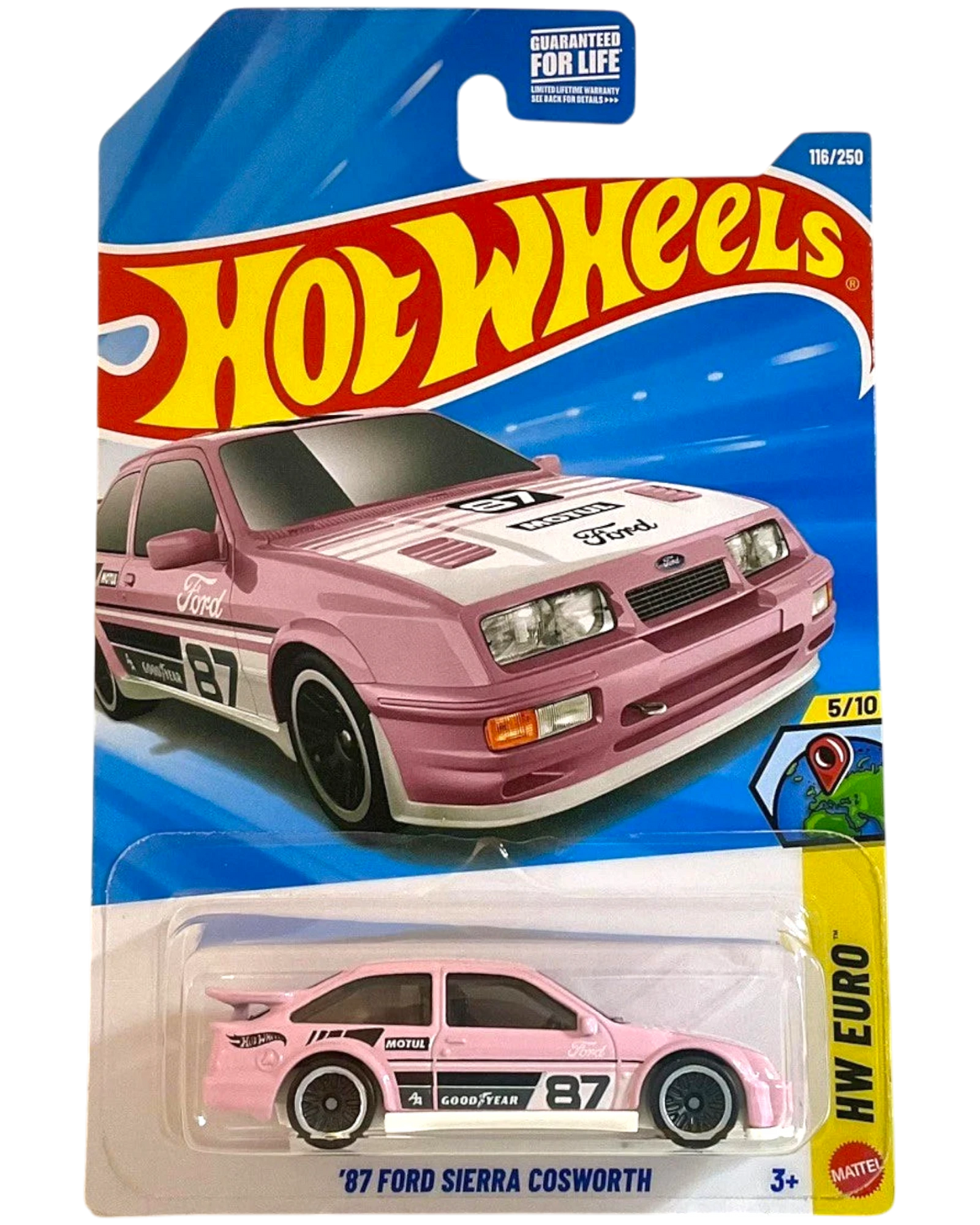 More Than Diecast 2026 Hot Wheels '87 Ford Sierra Cosworth in pink with white racing stripes and '87 graphics. 1:64 scale die-cast.
