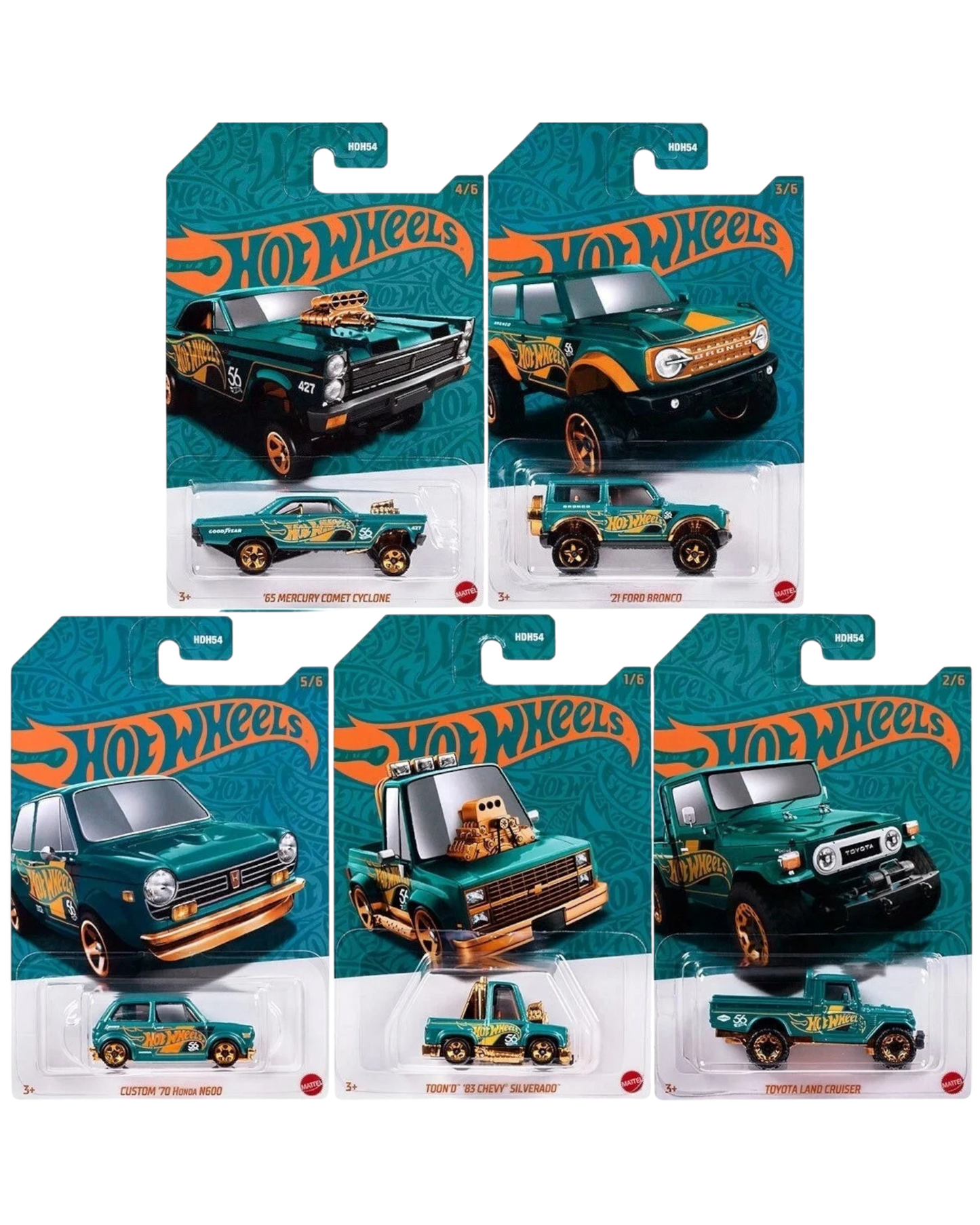 More Than Diecast 56th Anniversary Hot Wheels Pearl & Chrome E Case set featuring five 1:64 scale die-cast cars in teal with gold accents.
