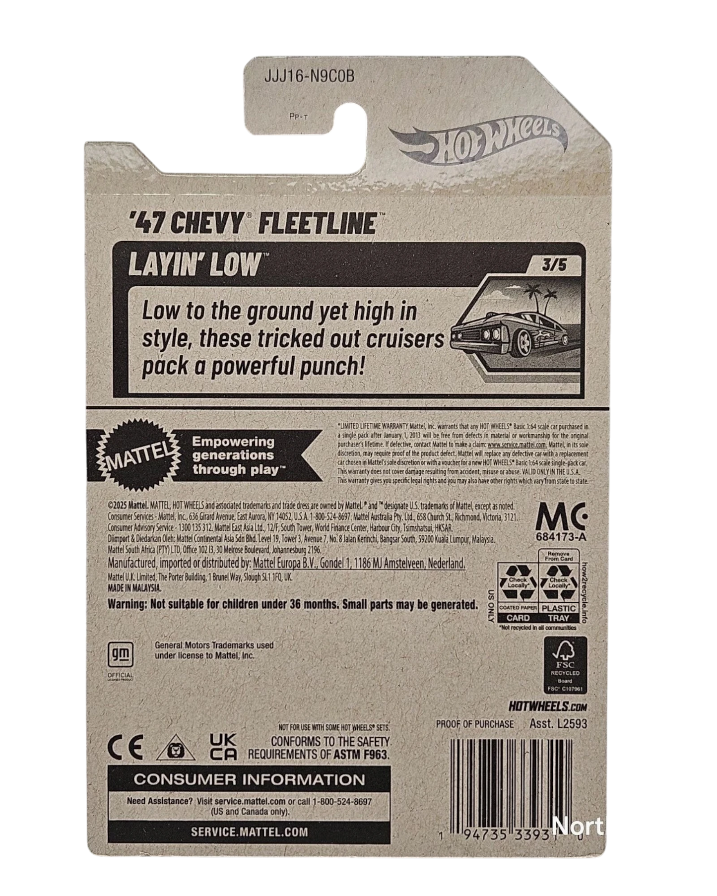 More Than Diecast Hot Wheels '47 Chevy Fleetline Layin' Low toy car packaging with product details and warnings.