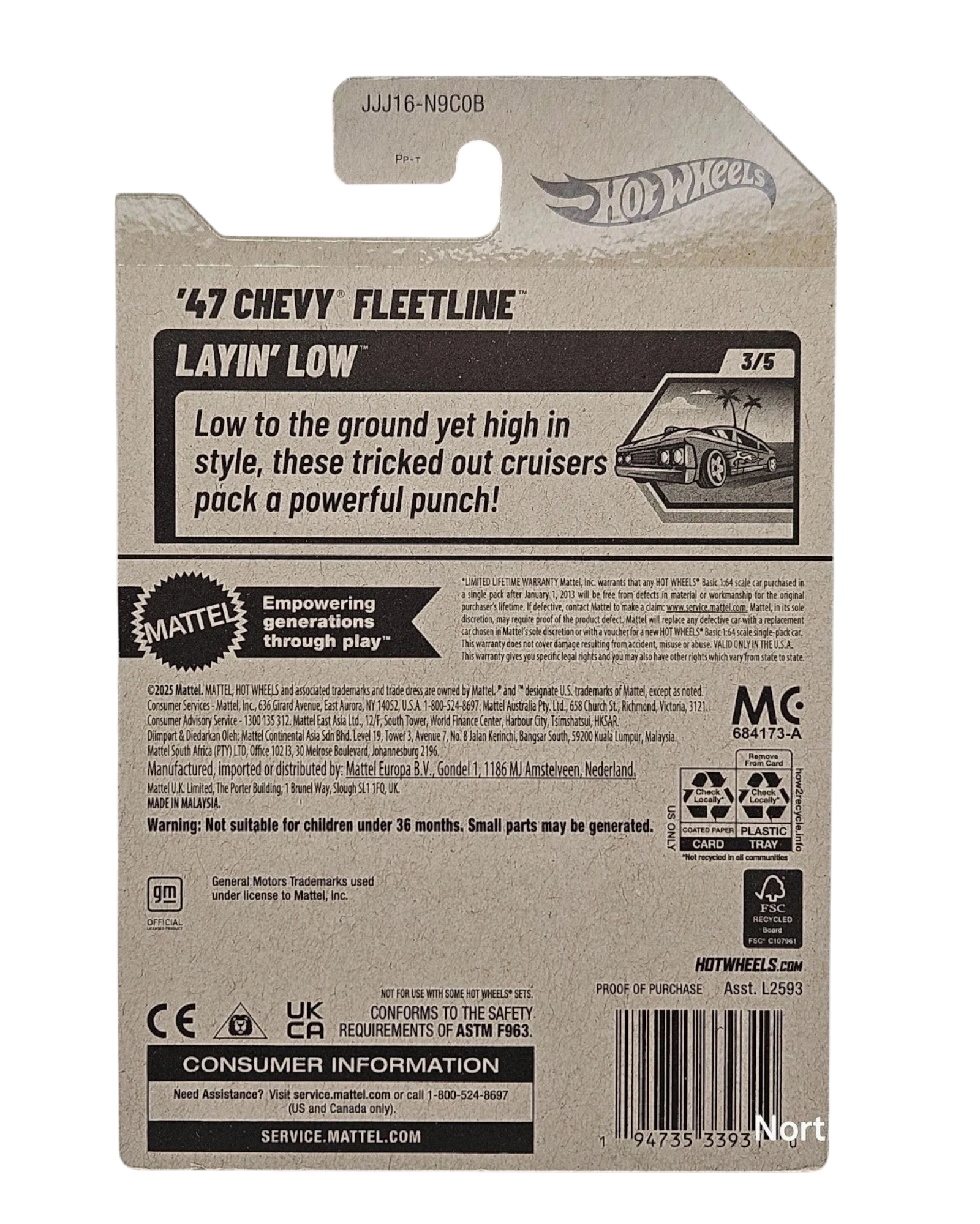 More Than Diecast Hot Wheels '47 Chevy Fleetline Layin' Low toy car packaging with product details and warnings.