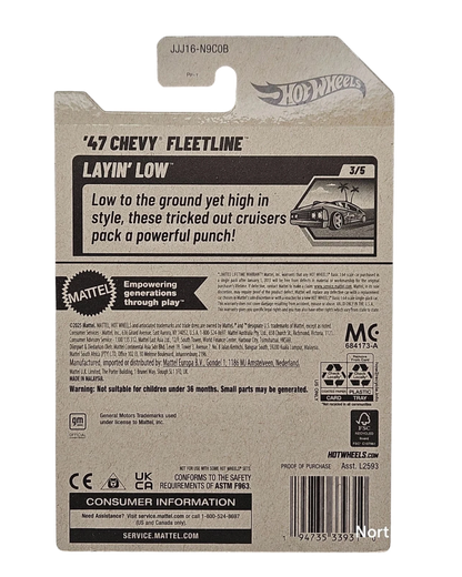 More Than Diecast Hot Wheels '47 Chevy Fleetline Layin' Low toy car packaging with product details and warnings.
