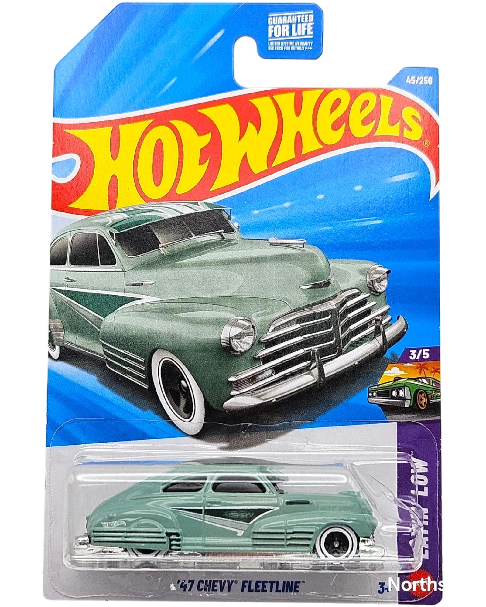 More Than Diecast Hot Wheels '47 Chevy Fleetline Layin' Low diecast car, mint green with white wall tires and chrome accents.