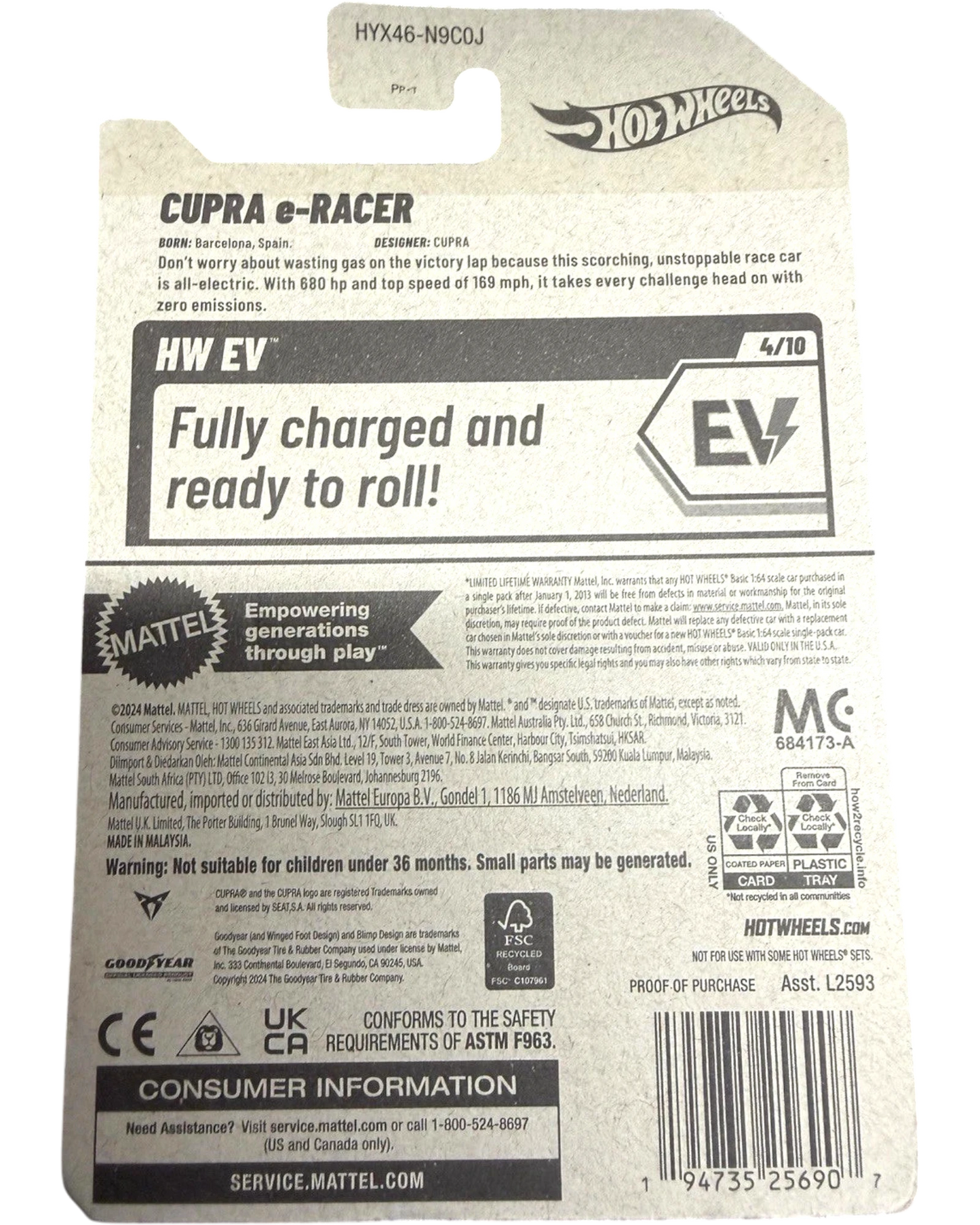 More Than Diecast 2025 Hot Wheels Cupra e-Racer silver die-cast toy car packaging with product details.