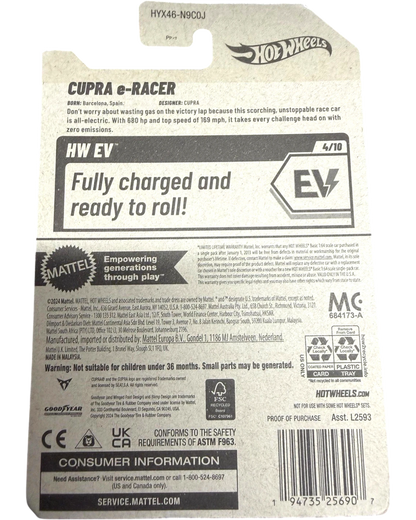 More Than Diecast 2025 Hot Wheels Cupra e-Racer silver die-cast toy car packaging with product details.