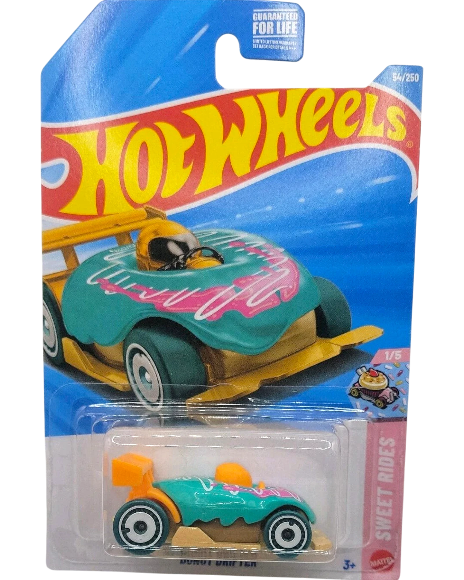 More Than Diecast 2026 Hot Wheels Donut Drifter 54/250 Sweet Rides toy car in teal with pink and white frosting details and orange accents.