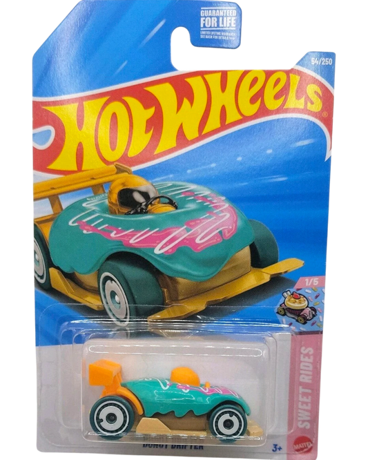 More Than Diecast 2026 Hot Wheels Donut Drifter 54/250 Sweet Rides toy car in teal with pink and white frosting details and orange accents.
