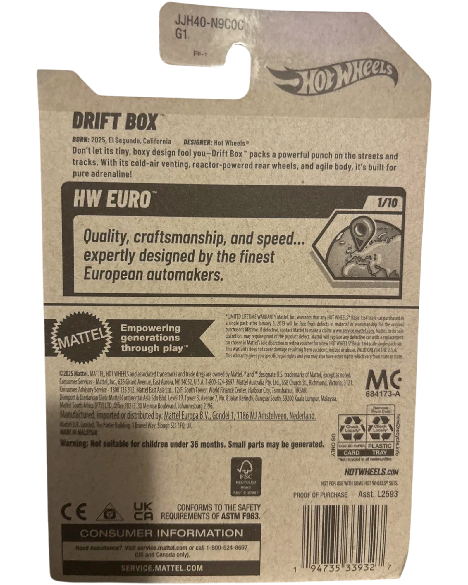 More Than Diecast Hot Wheels Drift Box HW Euro 1/10 scale model car packaging. Features text about European automakers and a world map graphic.
