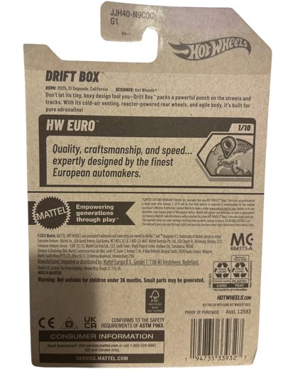 More Than Diecast Hot Wheels Drift Box HW Euro 1/10 scale model car packaging. Features text about European automakers and a world map graphic.