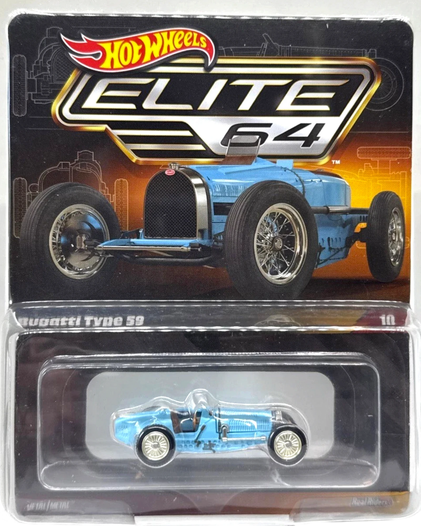 More Than Diecast Hot Wheels Elite 64 Bugatti Type 59 blue 1:64 scale die-cast model with Real Riders tires.