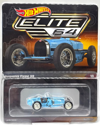 More Than Diecast Hot Wheels Elite 64 Bugatti Type 59 blue 1:64 scale die-cast model with Real Riders tires.