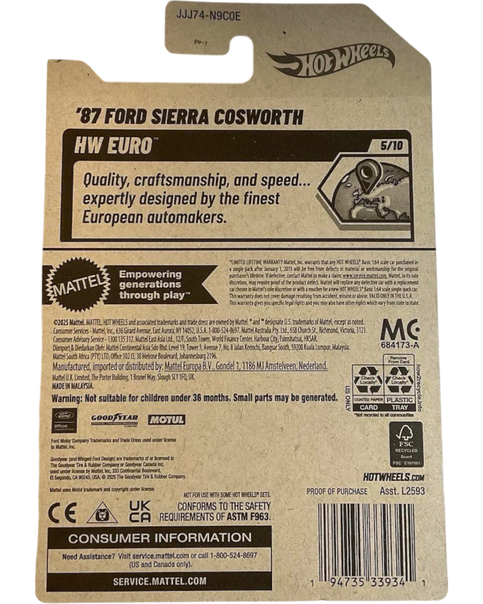 More Than Diecast Hot Wheels '87 Ford Sierra Cosworth HW Euro 5/10 die-cast car, 1:64 scale, with rally-inspired decals.