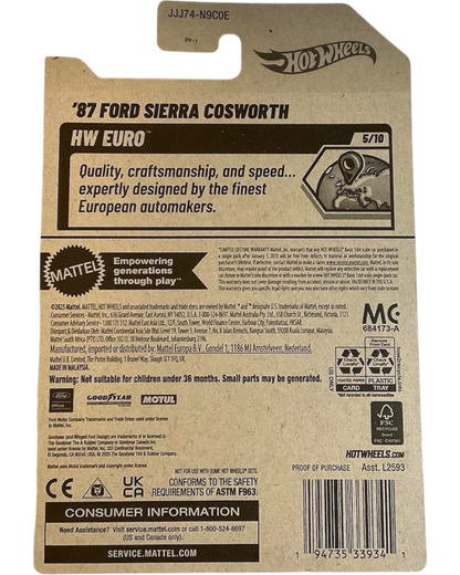 More Than Diecast Hot Wheels '87 Ford Sierra Cosworth HW Euro 5/10 die-cast car, 1:64 scale, with rally-inspired decals.