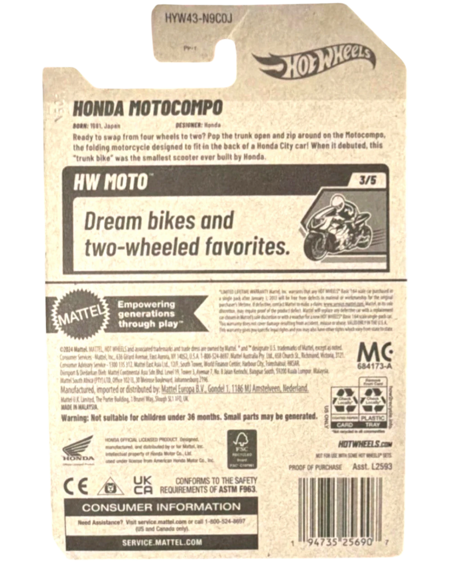 More Than Diecast Hot Wheels Honda Motocompo 1:64 scale die-cast scooter in red and black. Features folding design and authentic decals.