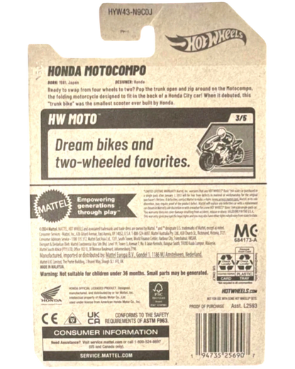More Than Diecast Hot Wheels Honda Motocompo 1:64 scale die-cast scooter in red and black. Features folding design and authentic decals.