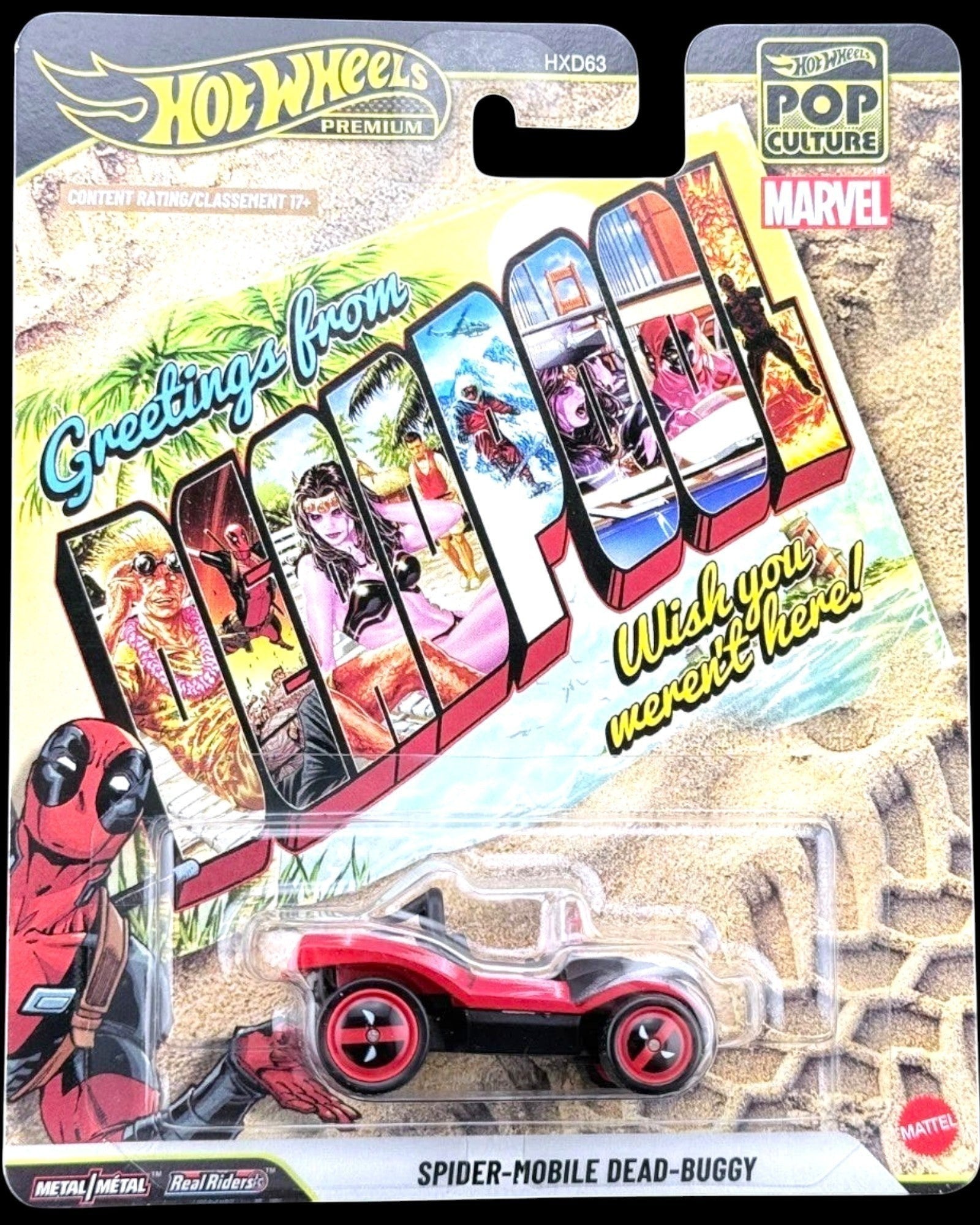 More Than Diecast Hot Wheels Marvel Spider-Mobile Dead Buggy 1:64 scale red and black die-cast car with Spider-Man graphics.