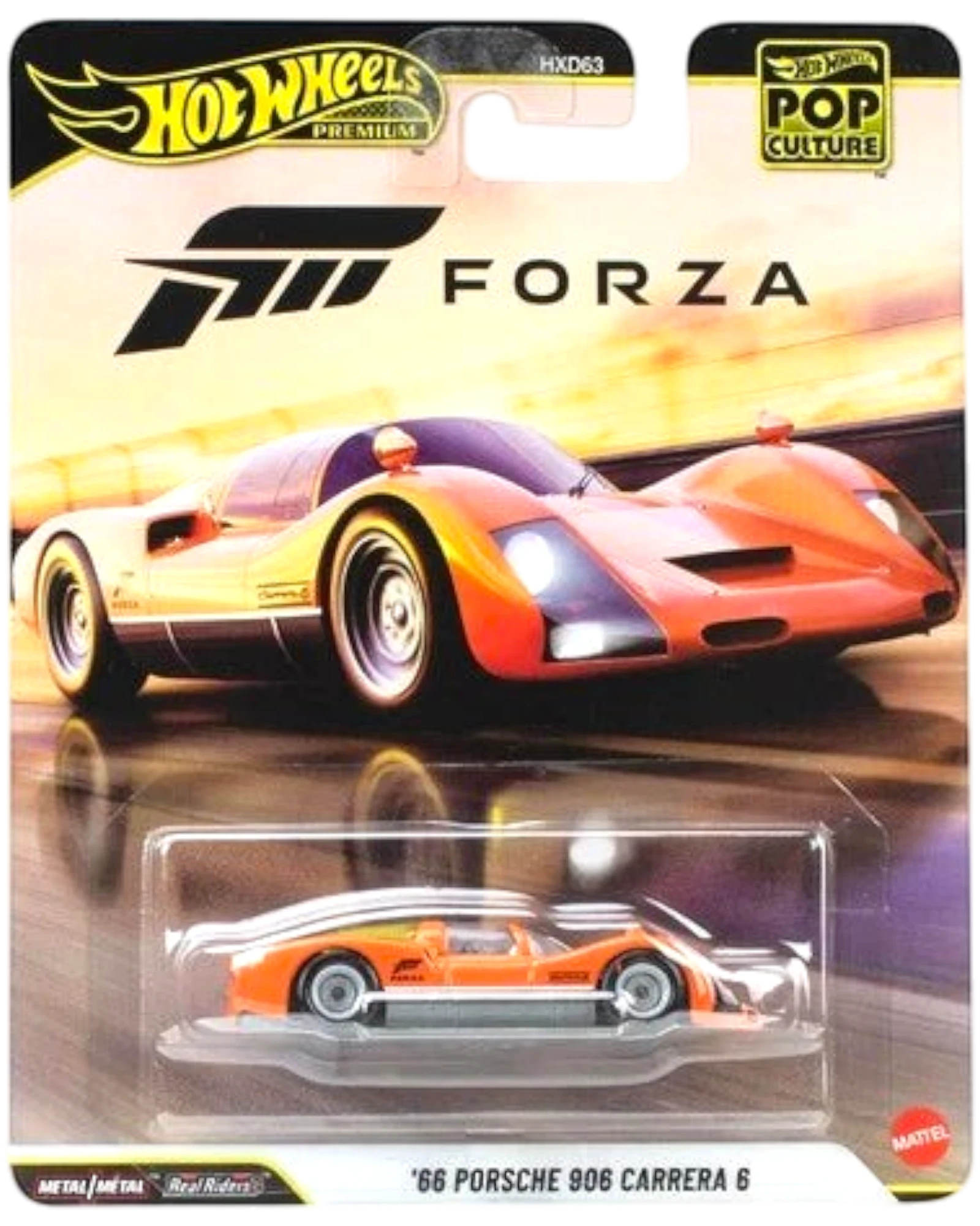 More Than Diecast Hot Wheels Premium '66 Porsche 906 Carrera 6 diecast car with orange finish and Forza graphics.