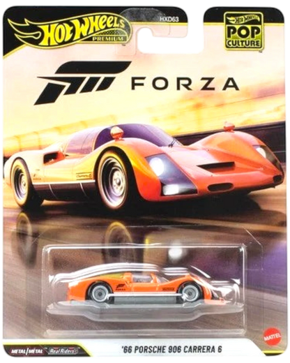 More Than Diecast Hot Wheels Premium '66 Porsche 906 Carrera 6 diecast car with orange finish and Forza graphics.