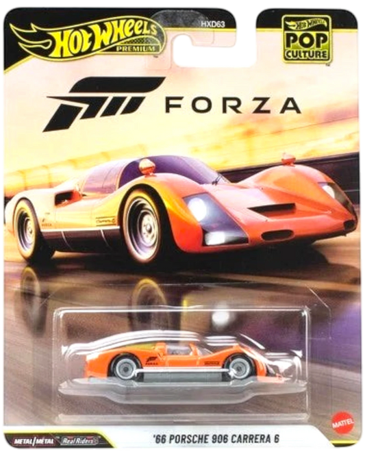 More Than Diecast Hot Wheels Premium '66 Porsche 906 Carrera 6 diecast car with orange finish and Forza graphics.
