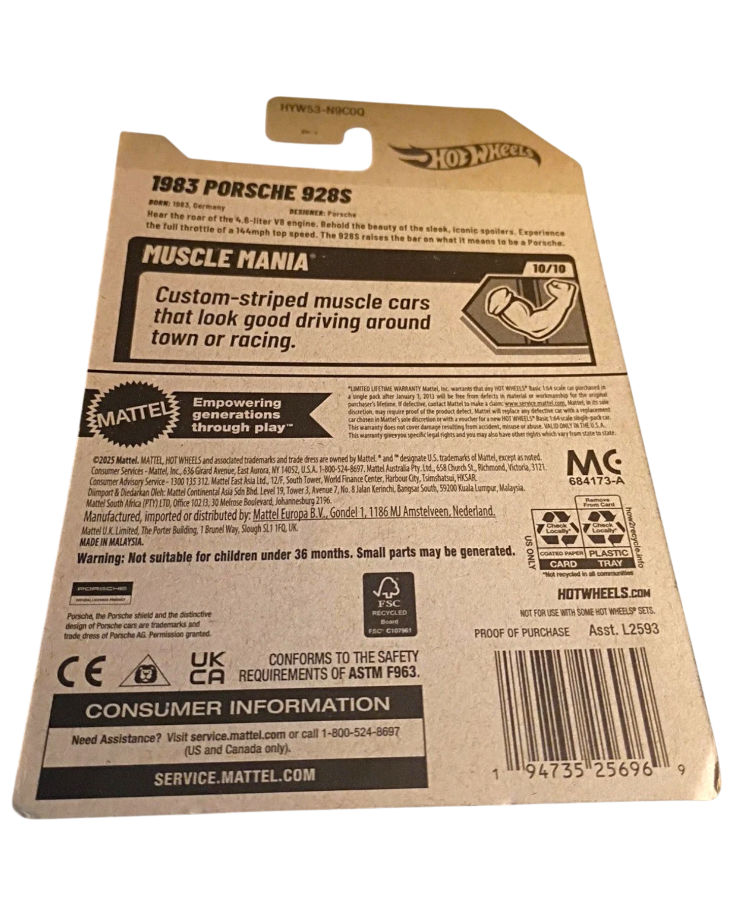 More Than Diecast 2025 Hot Wheels Muscle Mania 1983 Porsche 928S die-cast car packaging. Features the car's name, series, and collector information.