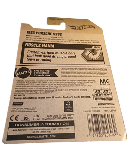 More Than Diecast 2025 Hot Wheels Muscle Mania 1983 Porsche 928S die-cast car packaging. Features the car's name, series, and collector information.