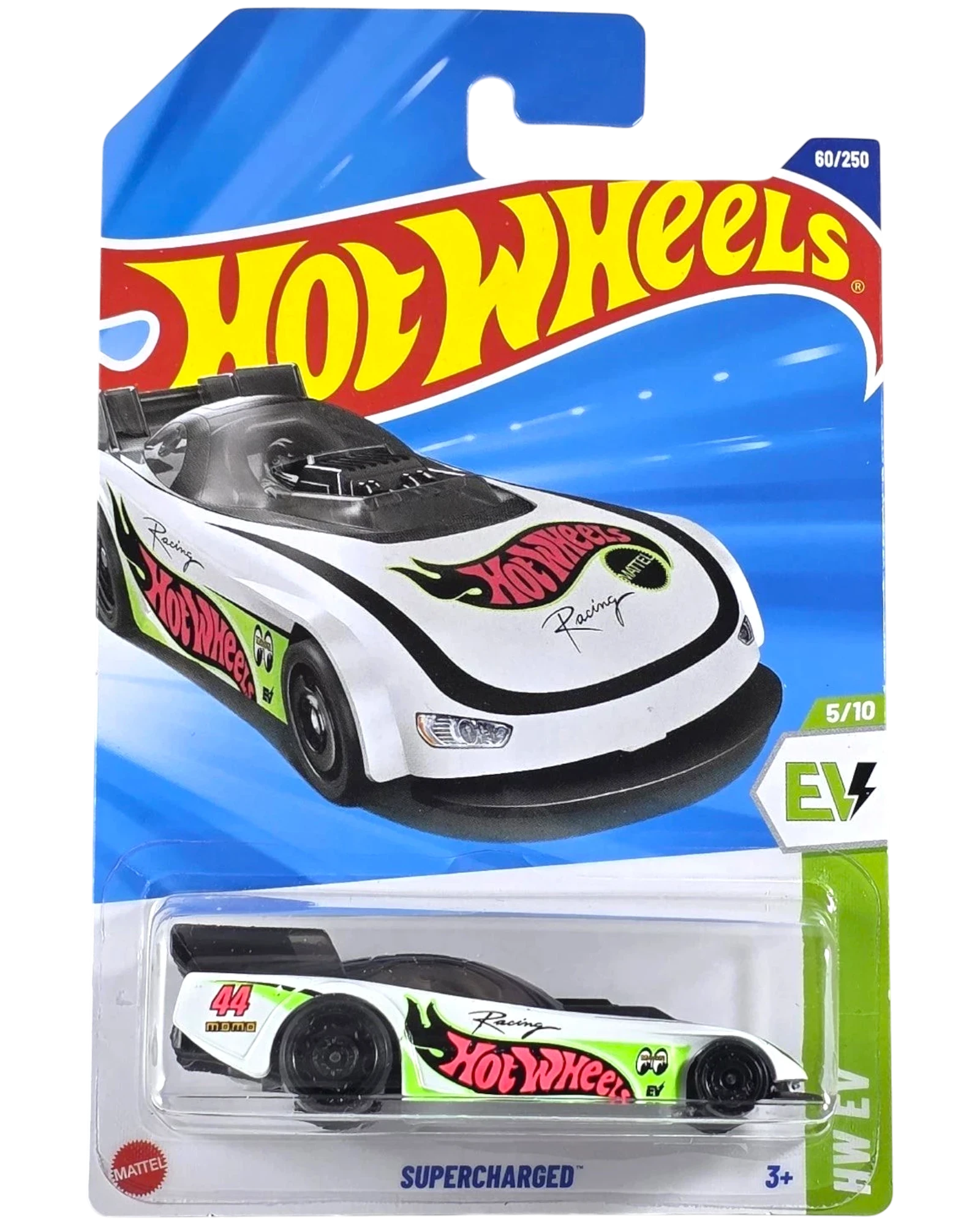 More Than Diecast Hot Wheels Supercharged EV die-cast car, white with green and pink racing graphics, 1:64 scale.