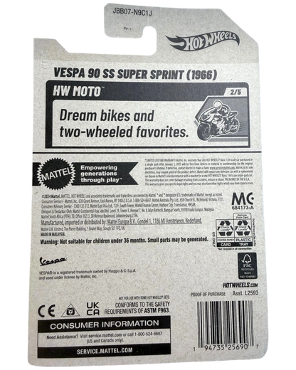 More Than Diecast Hot Wheels HW Moto Vespa 90 SS Super Sprint 1966 diecast toy card with product details and safety information.
