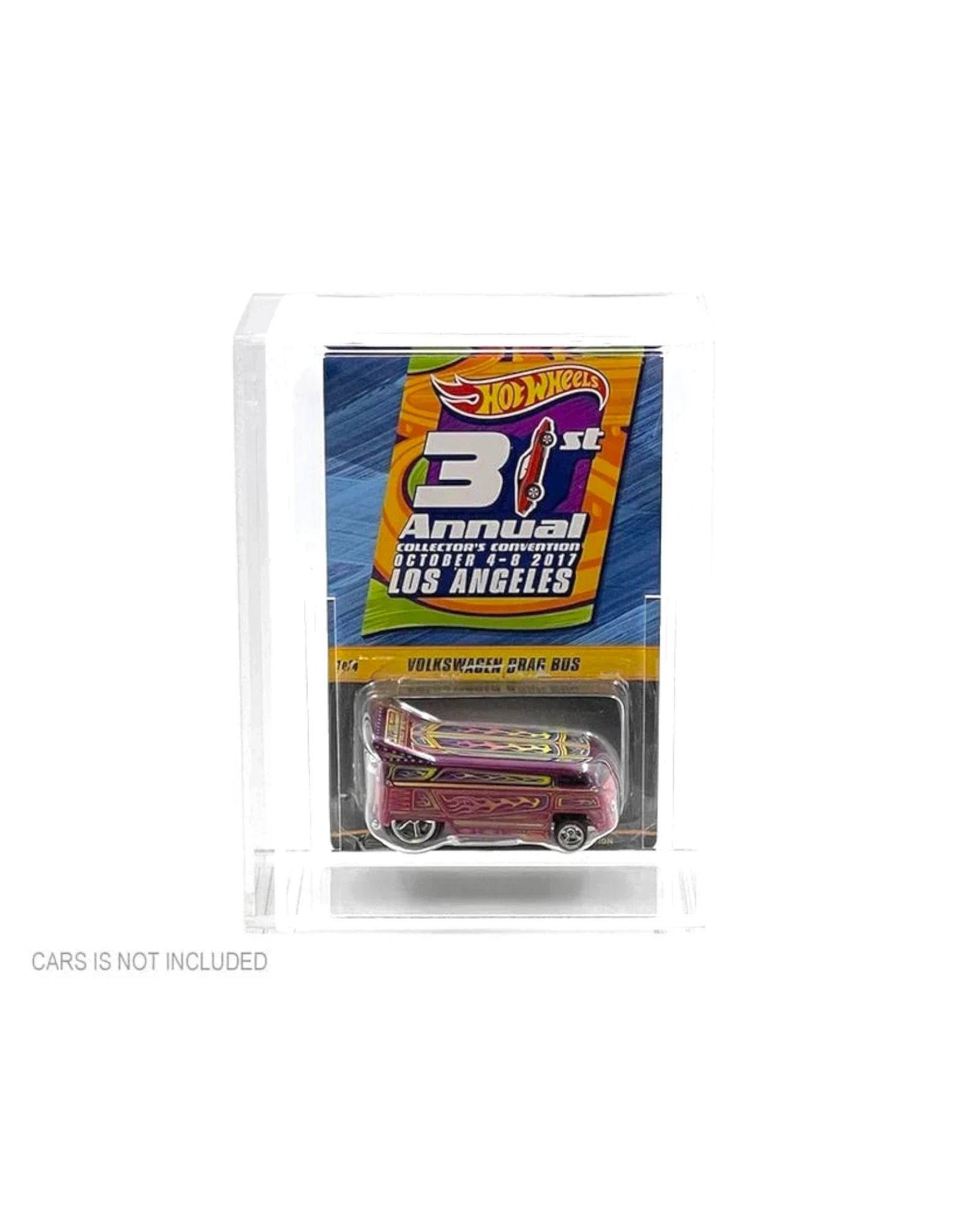 More Than Diecast clear acrylic display case for 1:64 scale Hot Wheels Volkswagen Drag Bus, 31st Annual Collector's Convention Los Angeles edition.