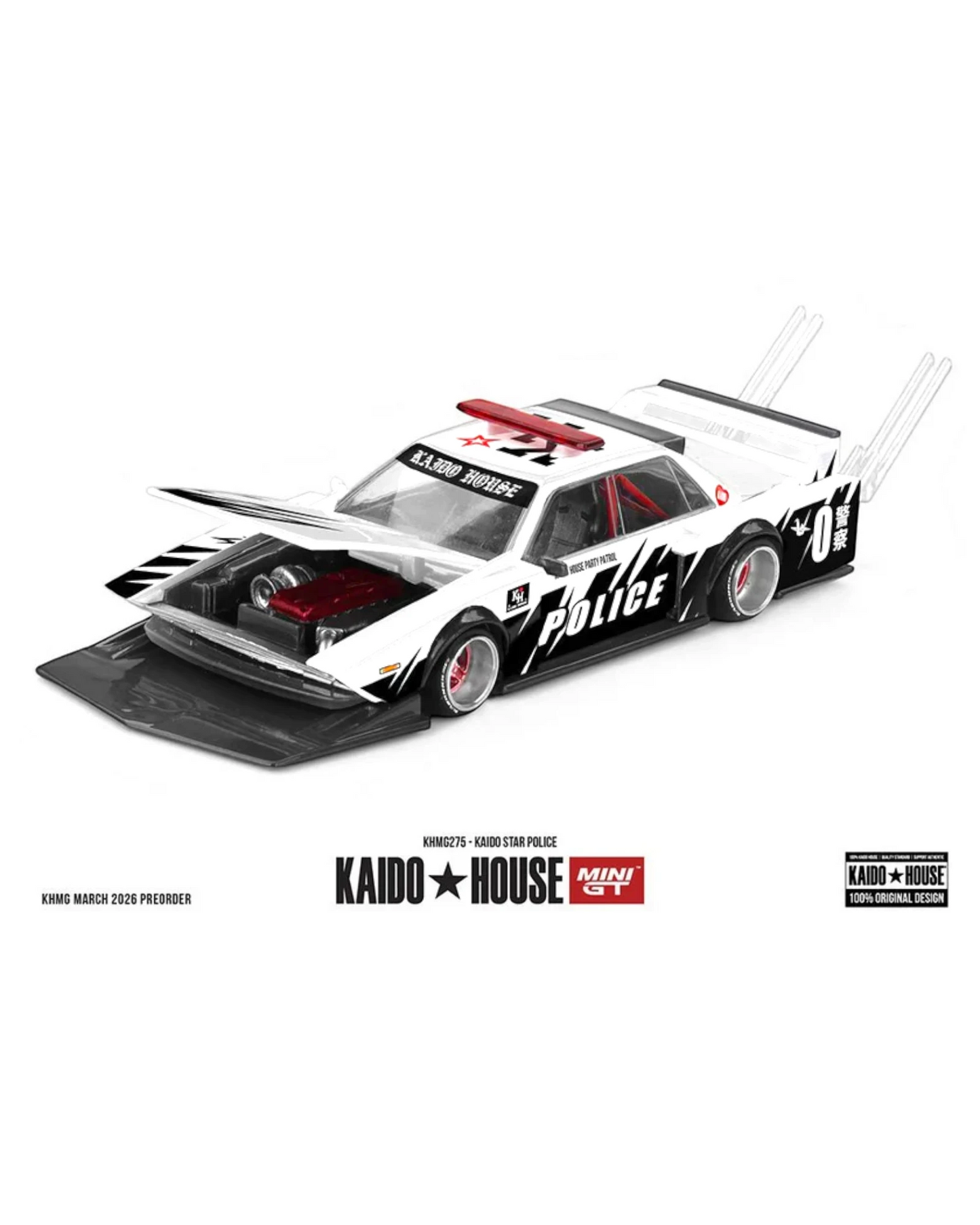 More Than Diecast: White 1:64 scale Kaido Star Police die-cast model with black accents and opening hood.