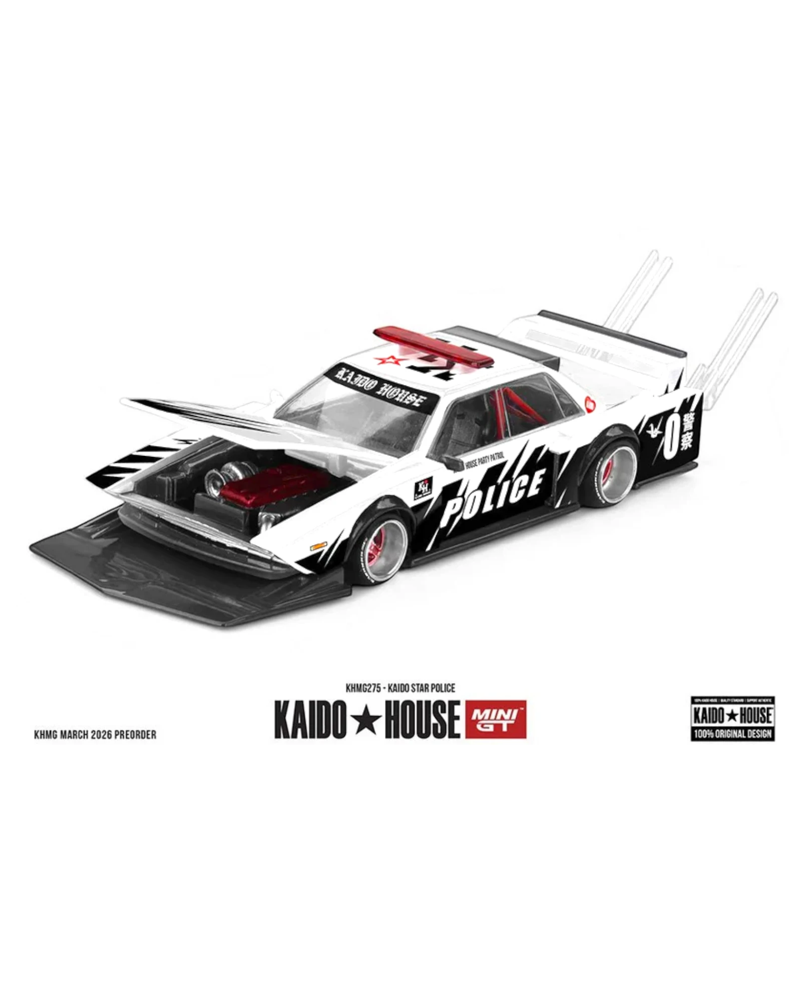 More Than Diecast: White 1:64 scale Kaido Star Police die-cast model with black accents and opening hood.