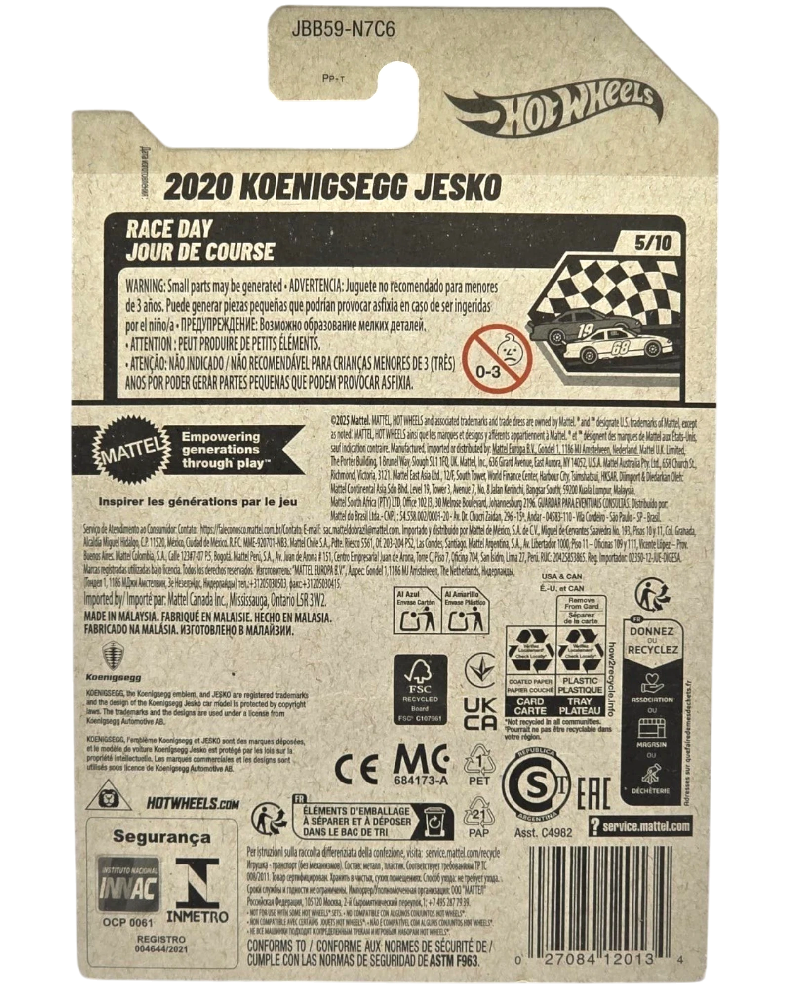 More Than Diecast 2020 Koenigsegg Jesko Race Day diecast car packaging with product details and warnings.