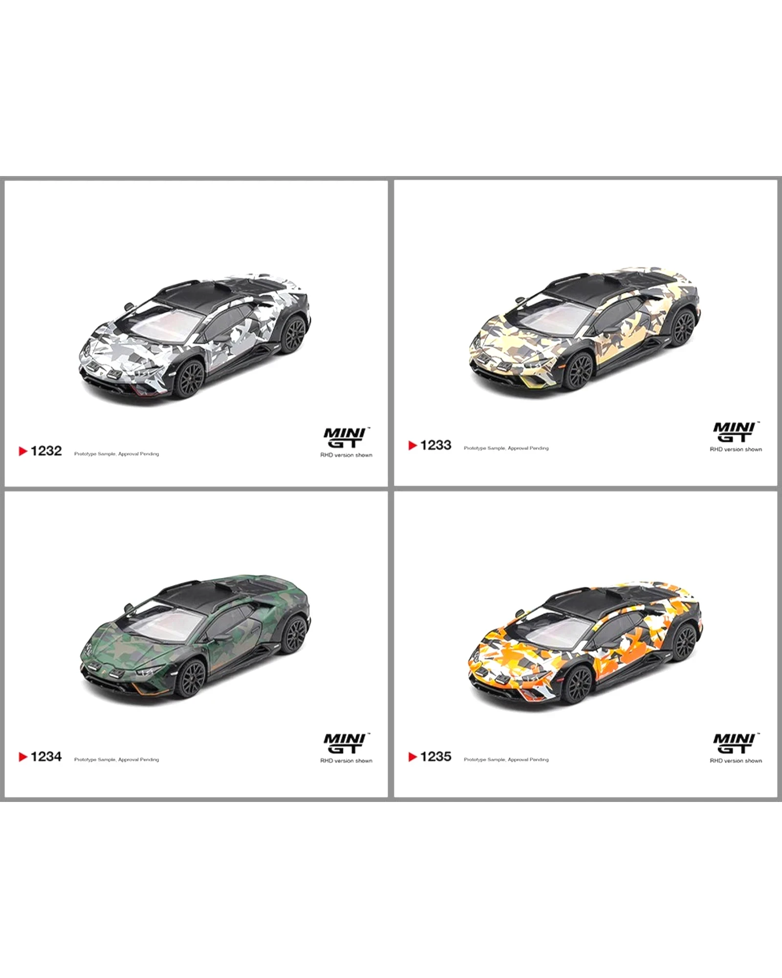 More Than Diecast Mini GT 1:64 Lamborghini Huracan Sterrato All Terrain Set Four Special Edition die-cast models with camouflage liveries.
