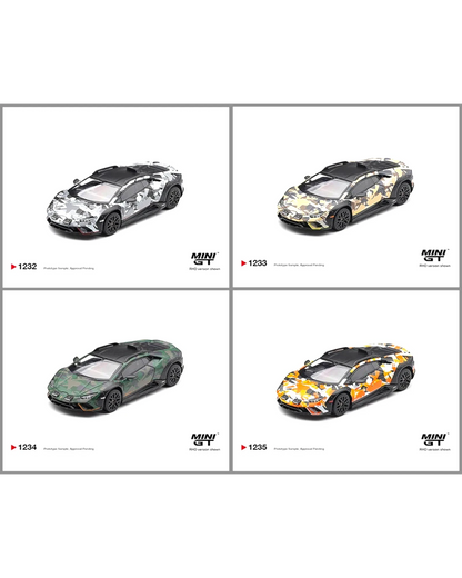 More Than Diecast Mini GT 1:64 Lamborghini Huracan Sterrato All Terrain Set Four Special Edition die-cast models with camouflage liveries.