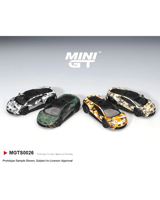 More Than Diecast Mini GT 1:64 Lamborghini Huracan Sterrato All Terrain Set, four models with camouflage liveries.