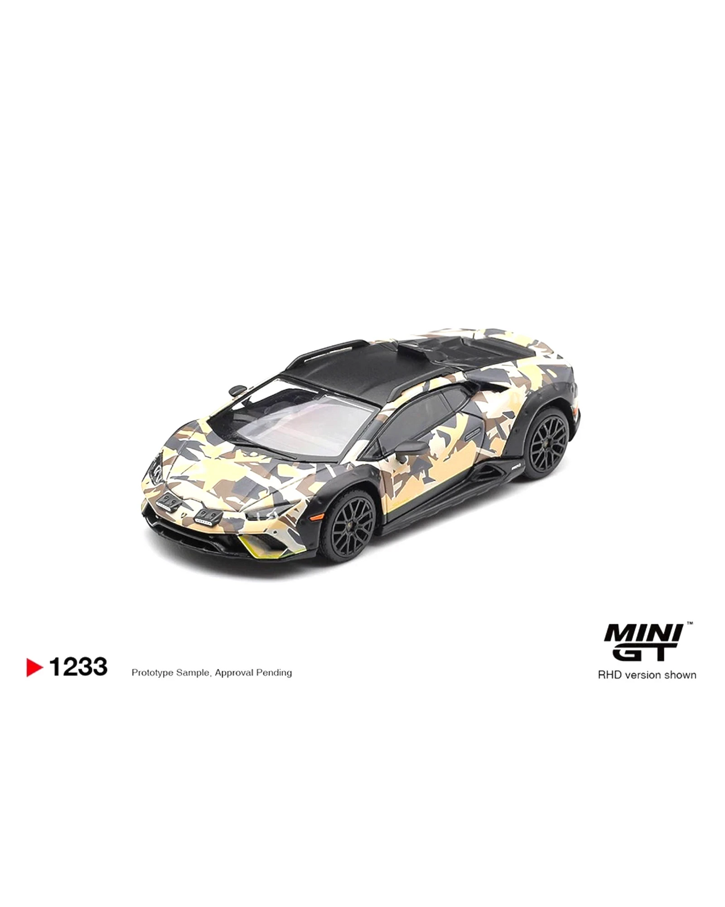 More Than Diecast 1:64 scale camouflage Lamborghini Huracan Sterrato all-terrain model car, black roof and wheels.