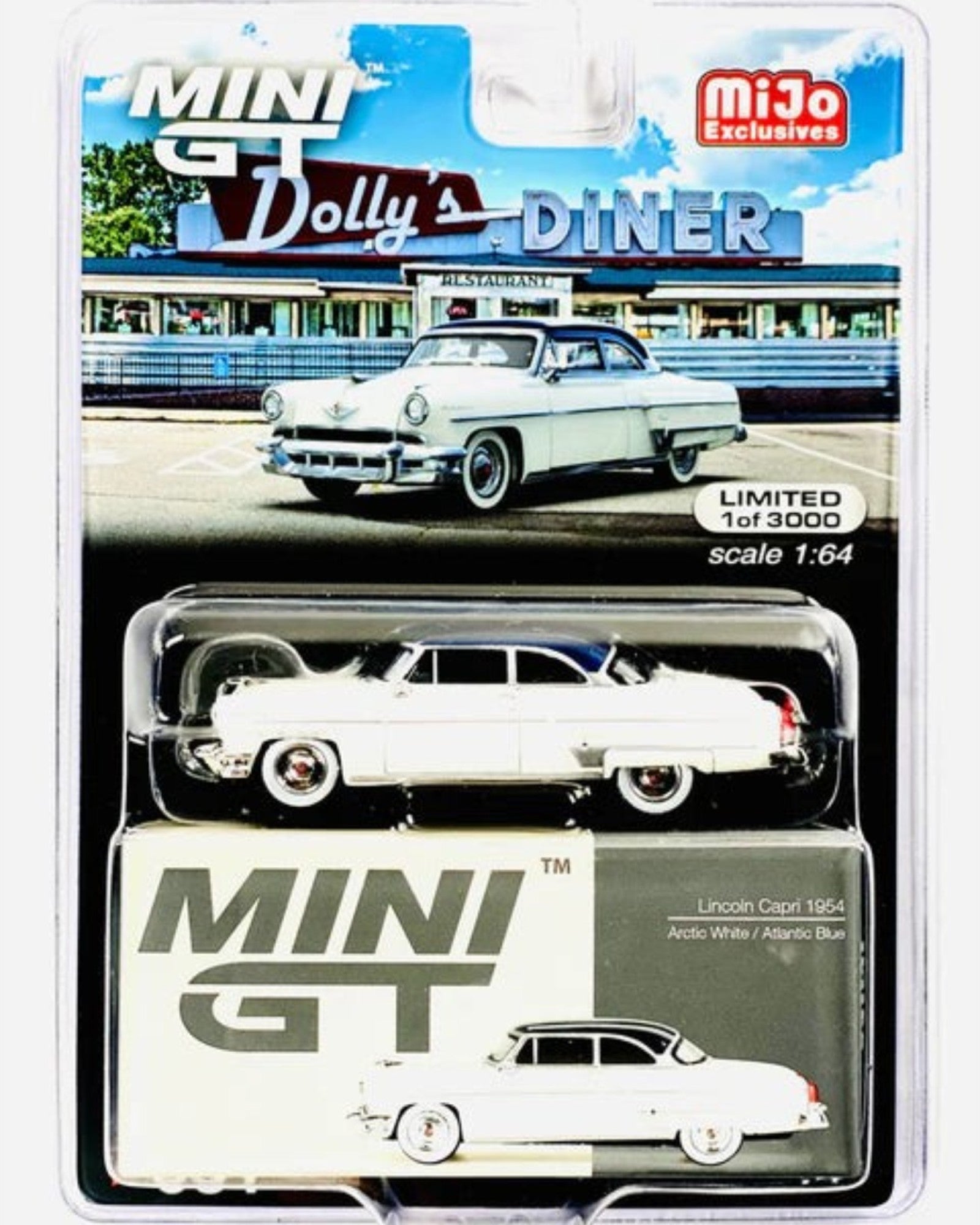 More Than Diecast Mini GT Mijo Exclusive 1954 Lincoln Capri, Arctic White and Atlantic Blue two-tone diecast model car.