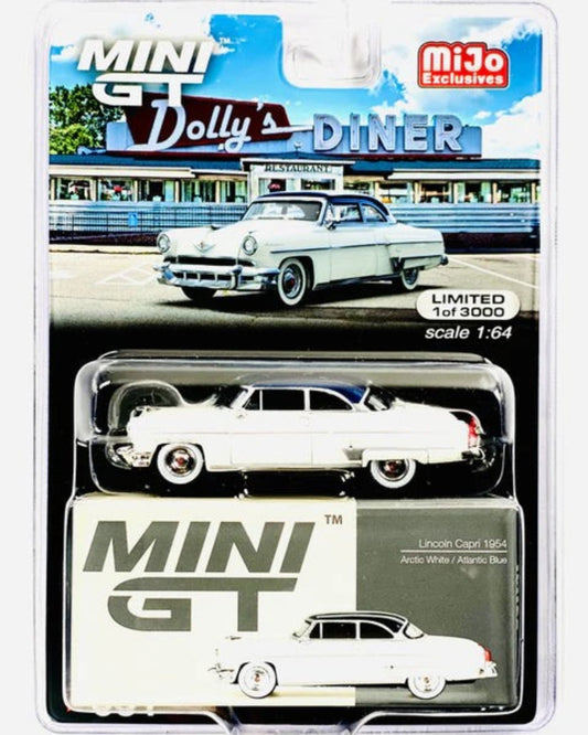 More Than Diecast Mini GT Mijo Exclusive 1954 Lincoln Capri, Arctic White and Atlantic Blue two-tone diecast model car.