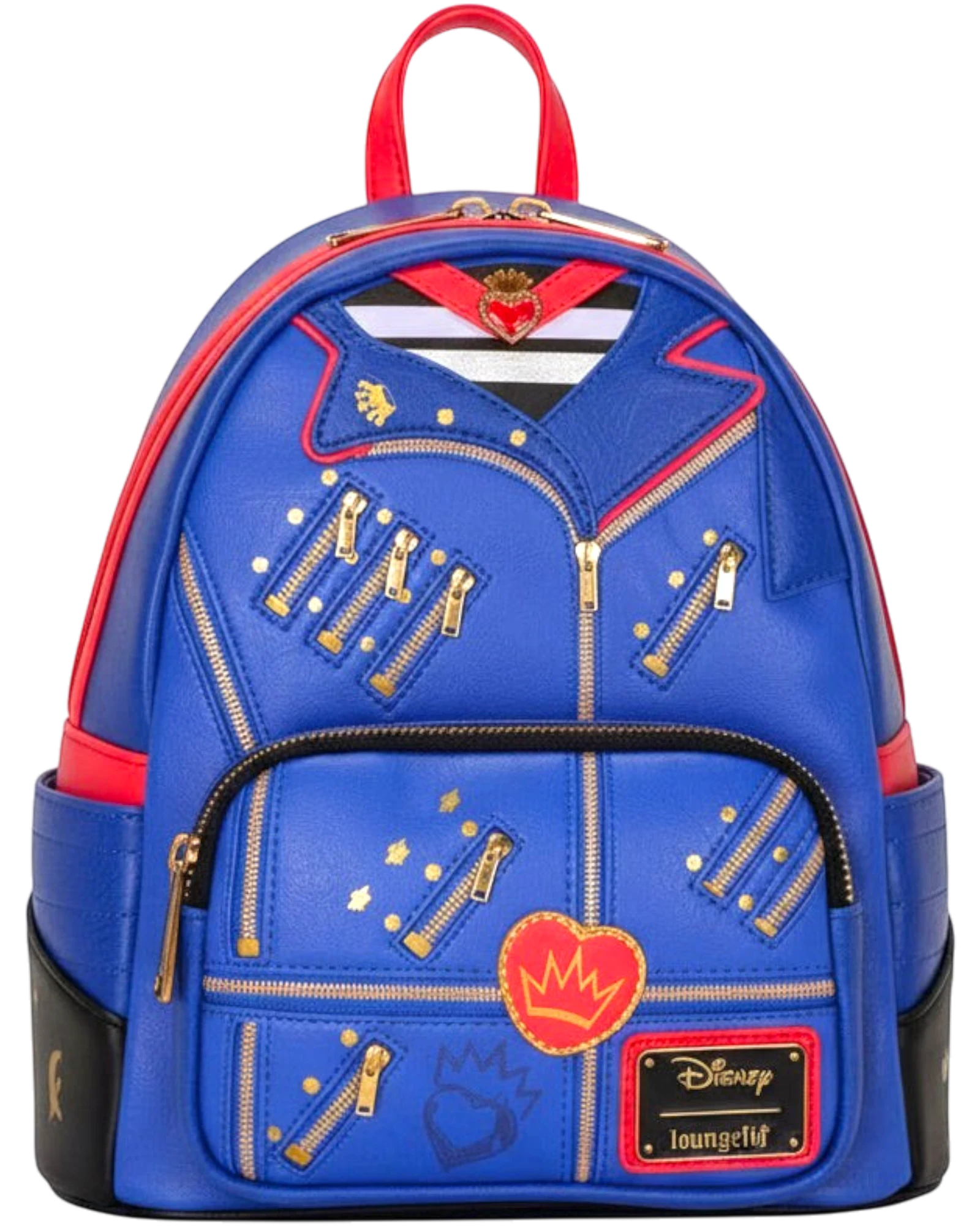 More Than Diecast Loungefly Disney Descendants Evie cosplay mini backpack in distressed faux leather with gold zippers and crown details.
