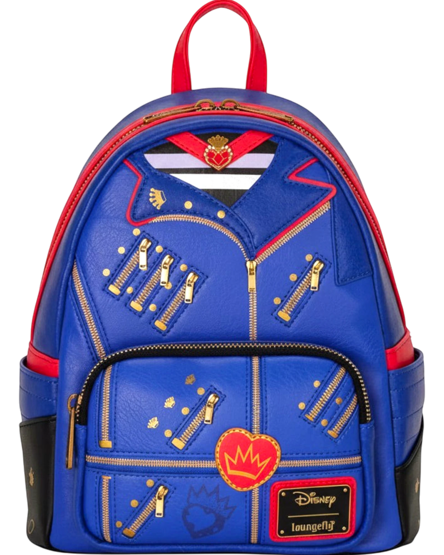 More Than Diecast Loungefly Disney Descendants Evie cosplay mini backpack in distressed blue faux leather with red trim and gold zipper details.