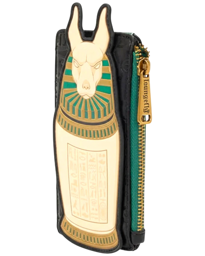 More Than Diecast Loungefly Mummy cardholder wallet with Egyptian Anubis design, gold foil, and green zipper.