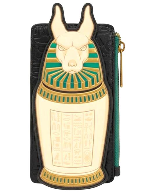 More Than Diecast Loungefly Mummy cardholder wallet with Anubis head urn design, gold foil, and hieroglyphs on faux leather.