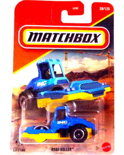 More Than Diecast Matchbox Road Roller 1:64 scale blue and yellow die-cast construction vehicle in packaging.
