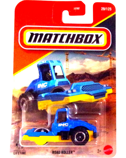 More Than Diecast Matchbox Road Roller 1:64 scale blue and yellow die-cast construction vehicle in packaging.