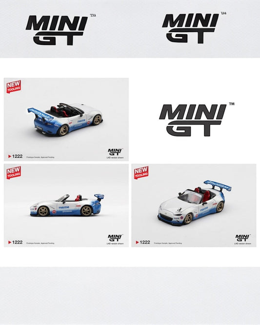 More Than Diecast Mini GT Mazda Miata MX-5 ND Pandem IMSA white wide body die-cast model with blue accents and large rear spoiler.