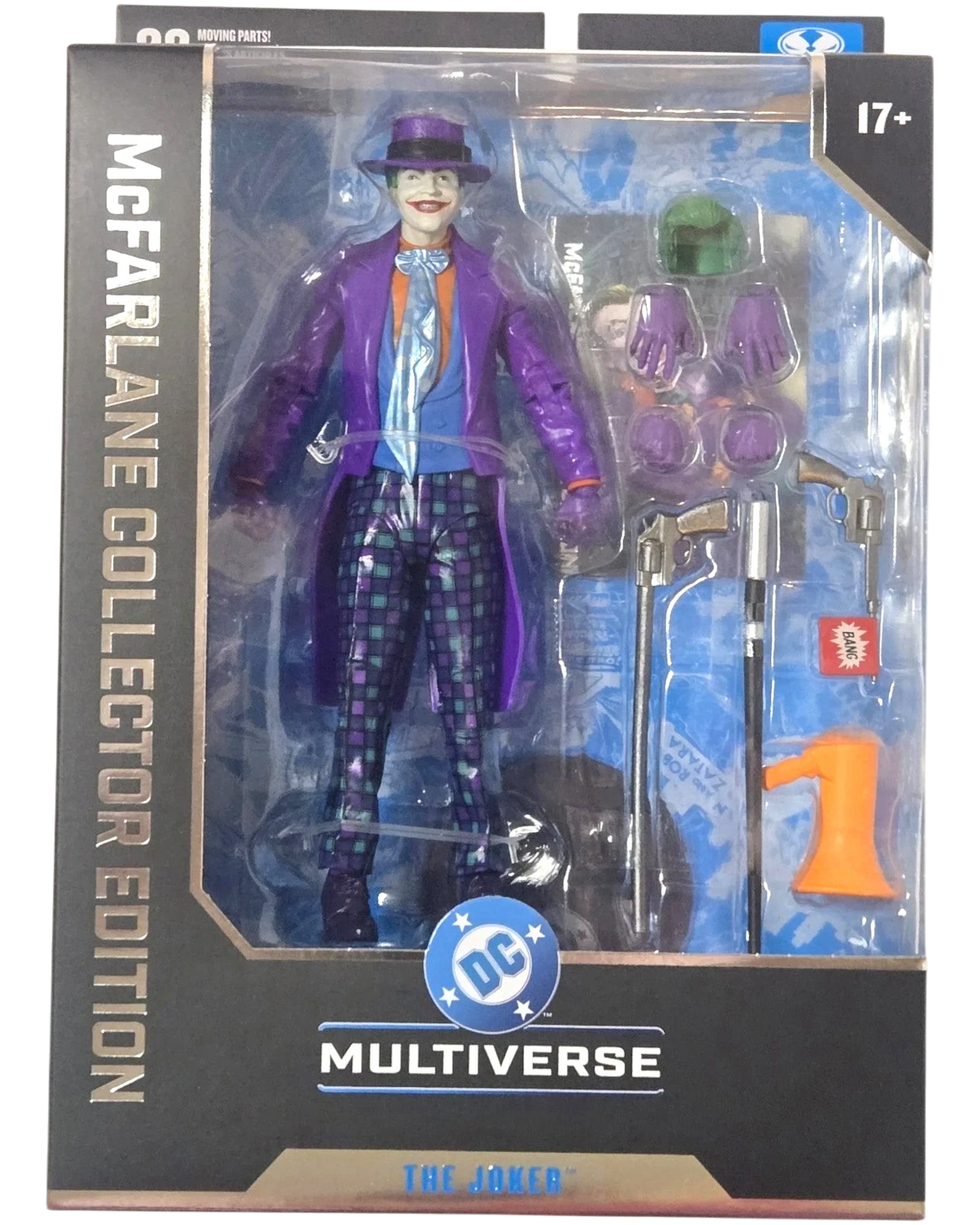 More Than Diecast McFarlane DC Multiverse Joker Batman Collector Edition 7-inch action figure in purple suit with checkered pants, NIB.