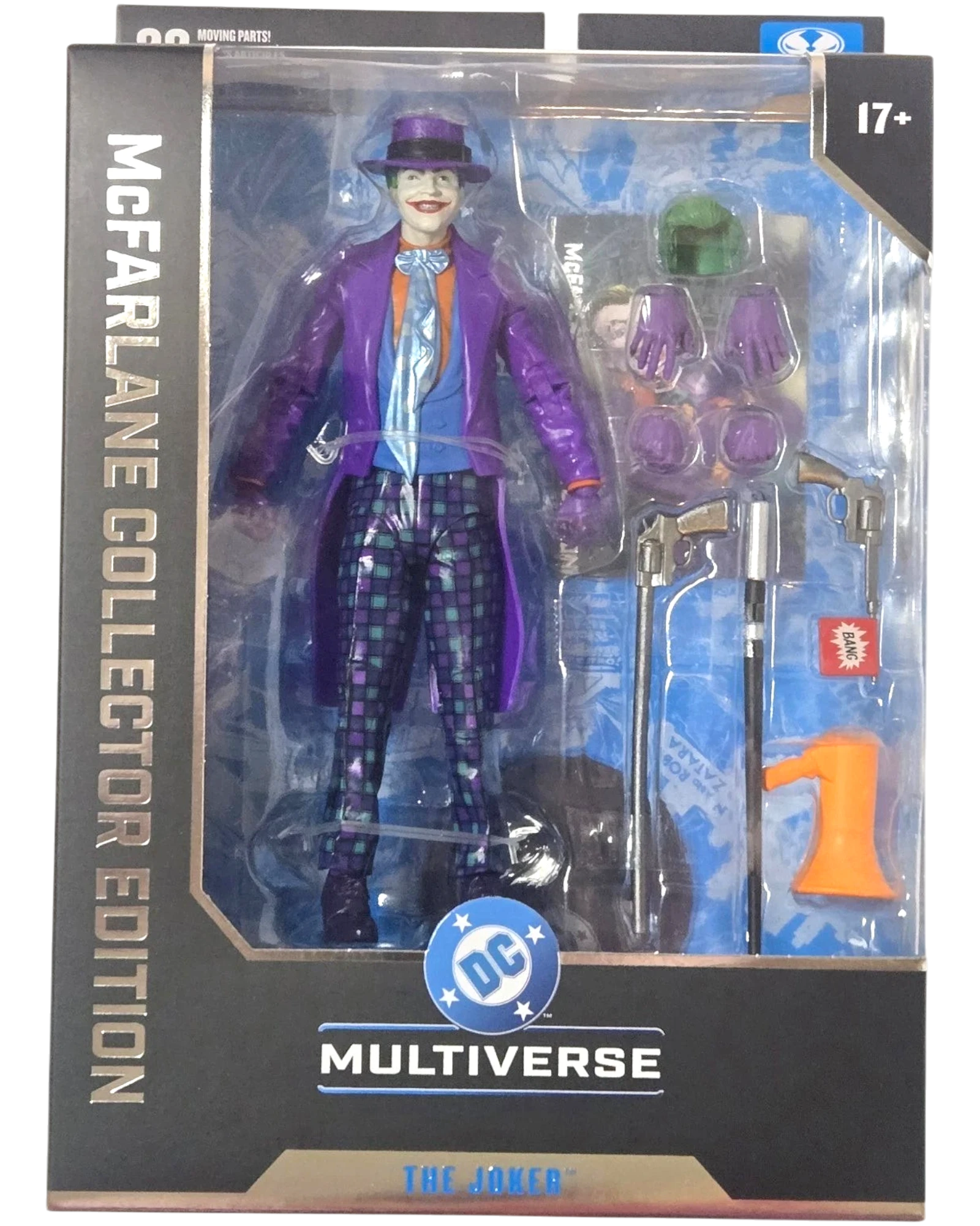 More Than Diecast McFarlane DC Multiverse Joker Batman Collector Edition 7-inch action figure in purple suit with checkered pants, NIB.