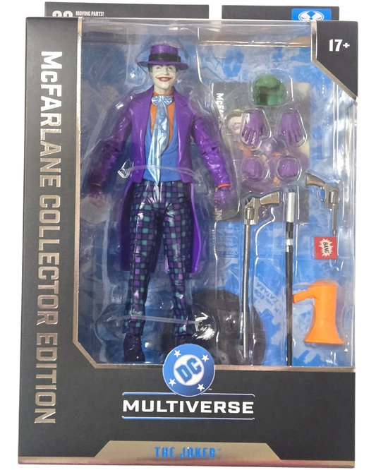 More Than Diecast McFarlane DC Multiverse Joker Batman Collector Edition 7-inch action figure in purple suit with checkered pants, NIB.