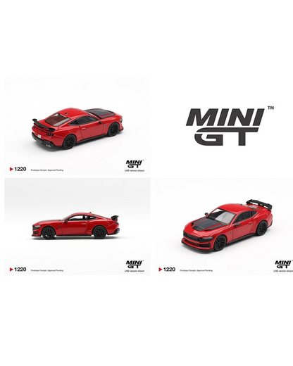 More Than Diecast Mini GT 1:64 Ford Mustang Dark Horse in Race Red, die-cast metal with black accents and spoiler.